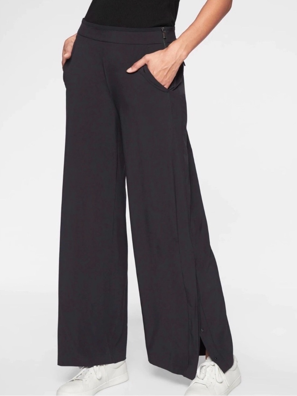 Athleta Black Wide Leg Travel Pants Size 12 – Lightweight Zip Detail - Picture 2 of 14